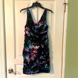 Express, purple floral fitted satin dress. Size 8